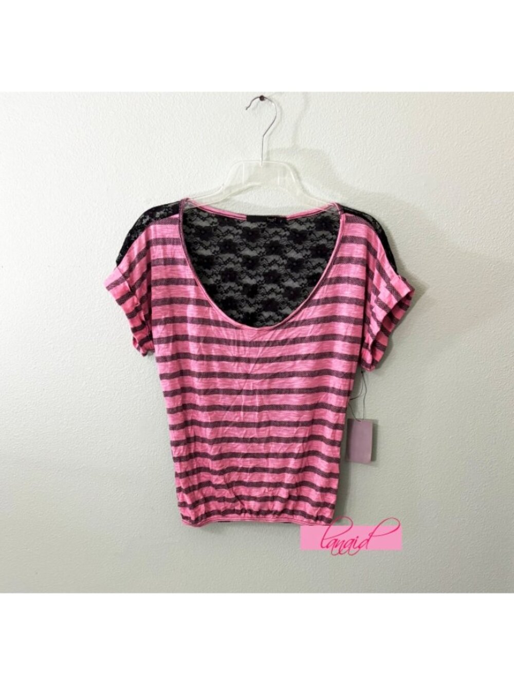 Pink Striped Open Back Lace Backless Cut-Out Scoop Neck Short Sleeve Burnout Tee
